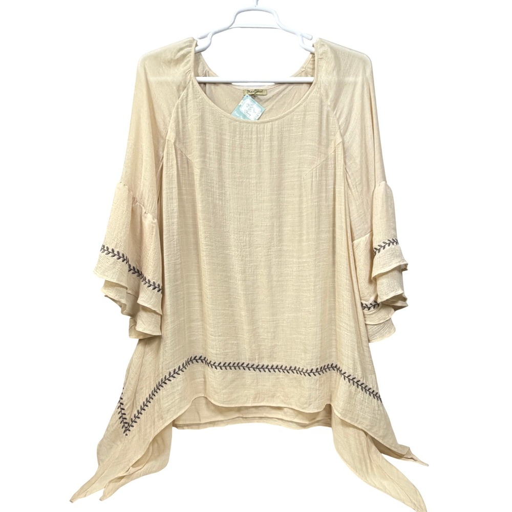 Oh Gussie‎ Tunic Blouse Embroidered Bell Sleeve Sharkbite Hem Top Cream 2XL - Picture 2 of 11